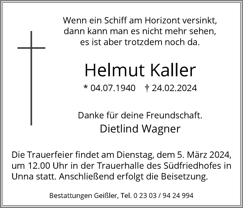  Traueranzeige für Helmut Kaller vom 02.03.2024 aus Hellweger Anzeiger