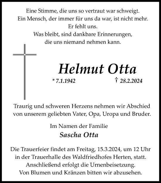 Traueranzeige von Helmut Otta von Medienhaus Bauer