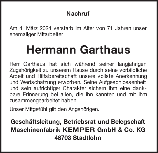 Traueranzeige von Hermann Garthaus von Münstersche Zeitung und Münsterland Zeitung