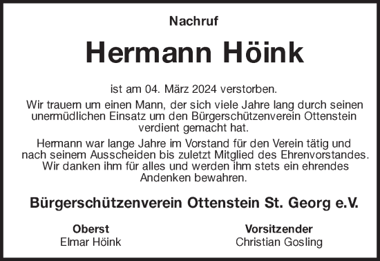 Traueranzeige von Hermann Höink von Münstersche Zeitung und Münsterland Zeitung