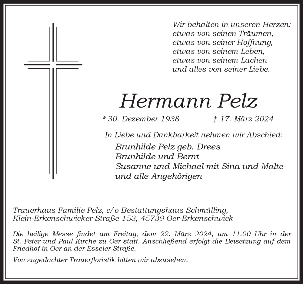  Traueranzeige für Hermann Pelz vom 20.03.2024 aus Medienhaus Bauer