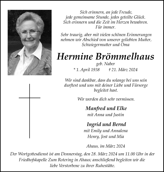 Traueranzeige von Hermine Brömmelhaus von Münsterland Zeitung