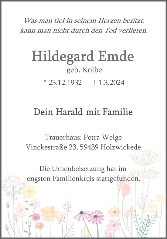 Traueranzeige von Hildegard Emde von Hellweger Anzeiger