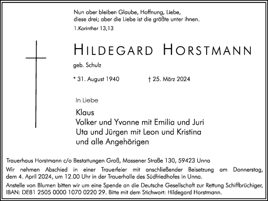 Traueranzeige von Hildegard Horstmann von Hellweger Anzeiger