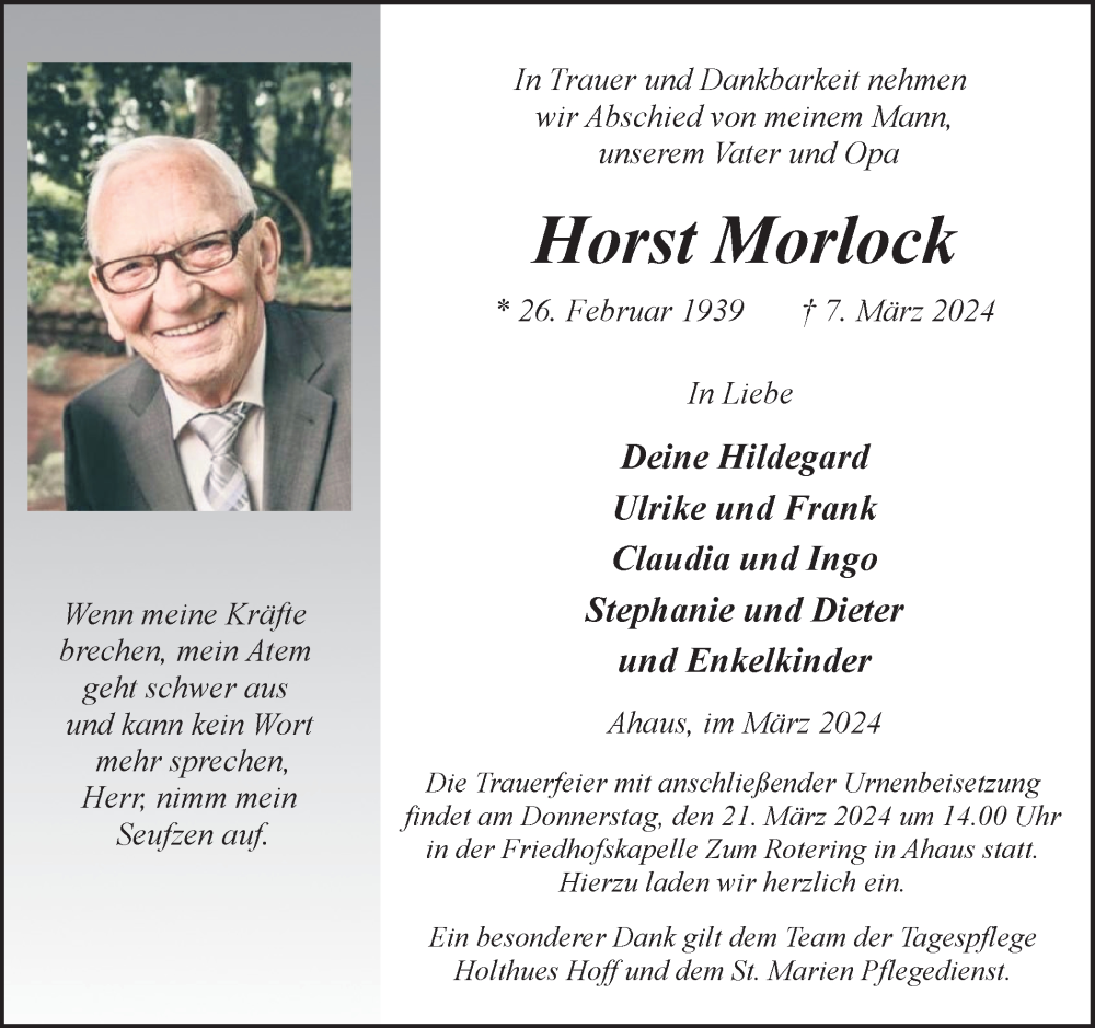  Traueranzeige für Horst Morlock vom 16.03.2024 aus Münsterland Zeitung