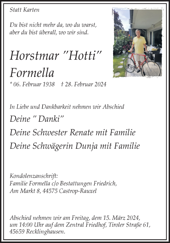 Traueranzeige von Horstmar  Formella von Medienhaus Bauer