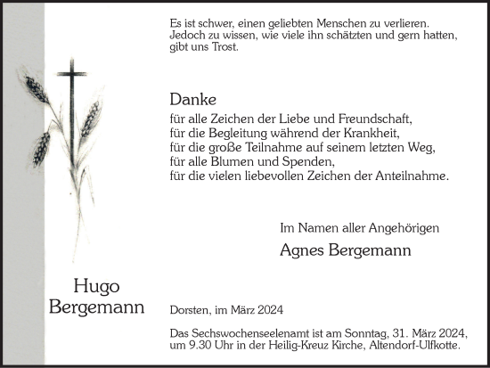 Traueranzeige von Hugo Bergemann von Ruhr Nachrichten und Dorstener Zeitung