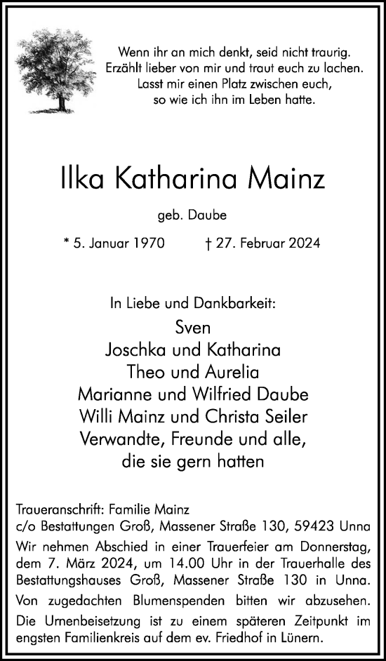 Traueranzeige von Ilka Katharina Mainz