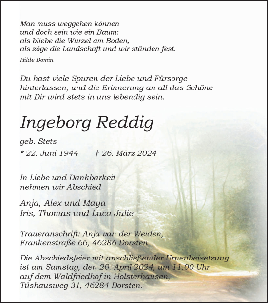 Traueranzeige von Ingeborg Reddig von Ruhr Nachrichten und Dorstener Zeitung