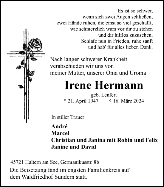 Traueranzeige von Irene Hermann von Ruhr Nachrichten und Halterner Zeitung