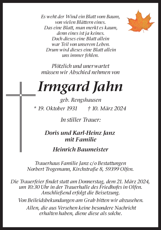 Traueranzeige von Irmgard Jahn von Ruhr Nachrichten