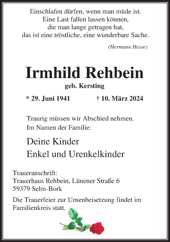 Traueranzeige von Irmhild Rehbein von Ruhr Nachrichten