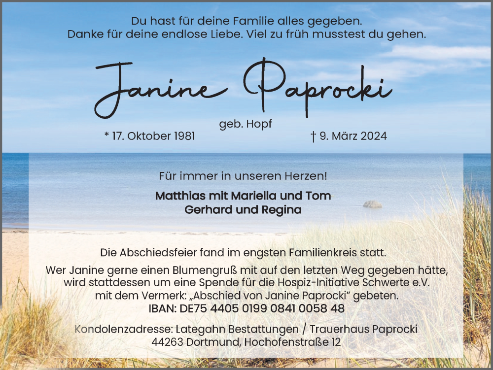  Traueranzeige für Janine Paprocki vom 16.03.2024 aus Ruhr Nachrichten