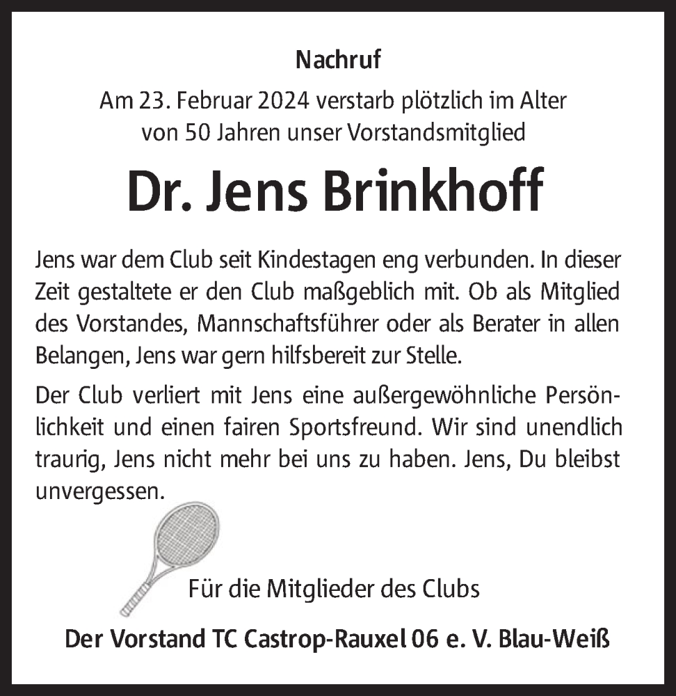  Traueranzeige für Jens Brinkhoff vom 09.03.2024 aus Ruhr Nachrichten