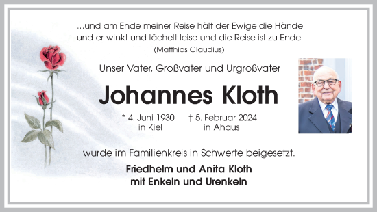 Traueranzeige von Johannes Kloth von Münsterland Zeitung