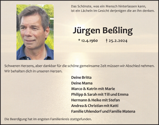 Traueranzeige von Jürgen Beßling von Medienhaus Bauer