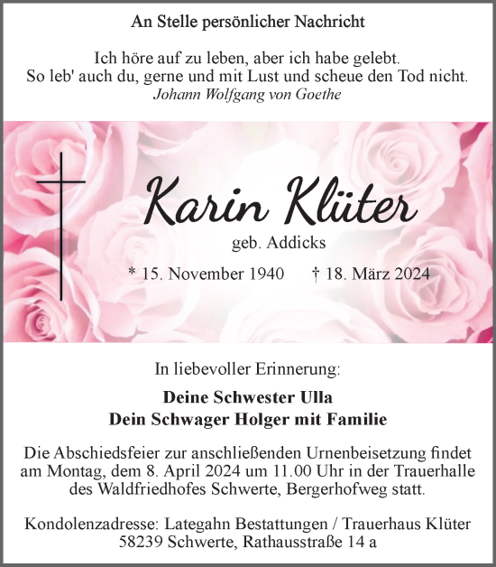 Traueranzeige von Karin Klüter von Ruhr Nachrichten