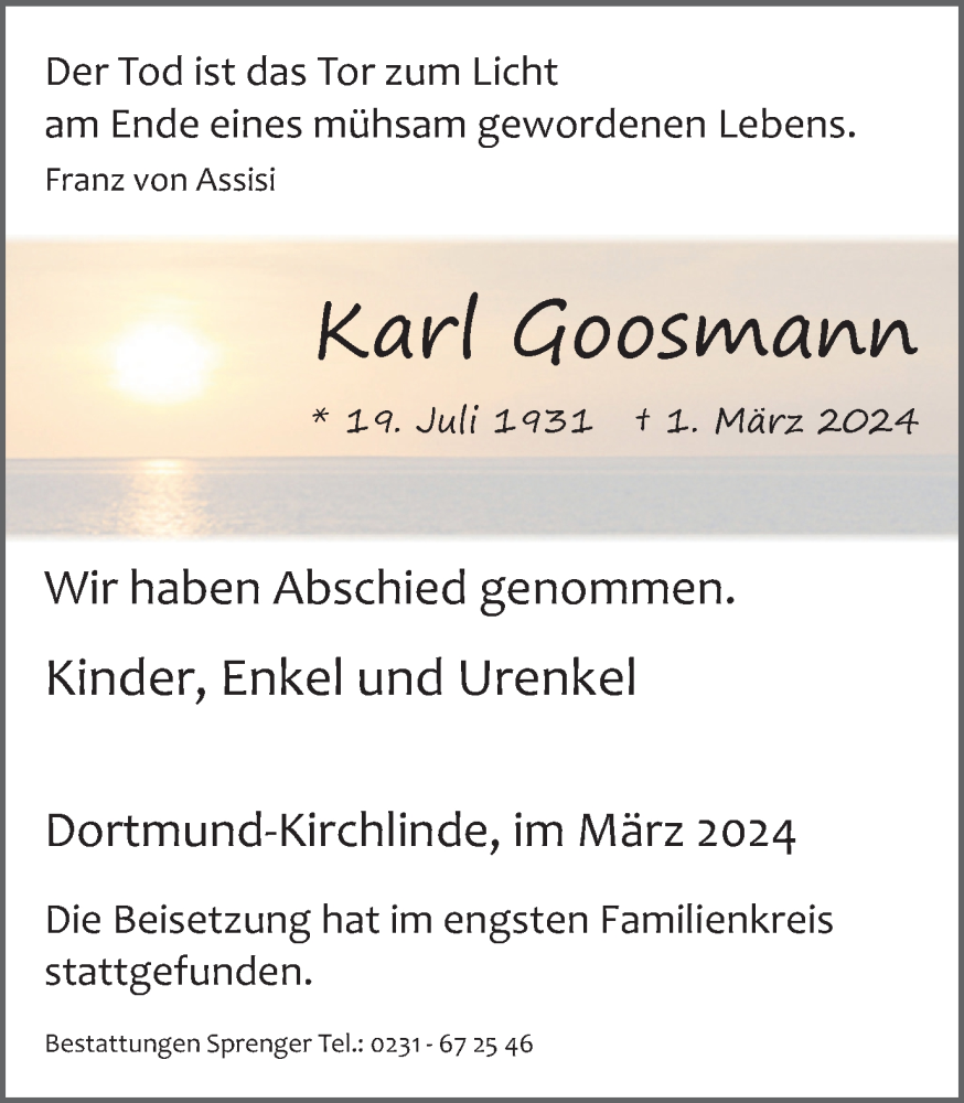  Traueranzeige für Karl Goosmann vom 16.03.2024 aus 