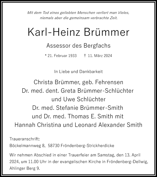 Traueranzeige von Karl-Heinz Brümmer von Hellweger Anzeiger