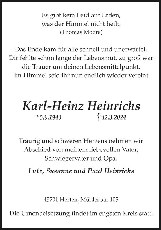 Traueranzeige von Karl-Heinz Heinrichs von Medienhaus Bauer