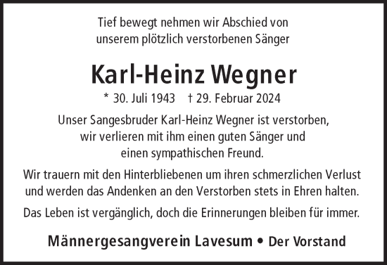 Traueranzeige von Karl-Heinz Wegner von Ruhr Nachrichten und Halterner Zeitung