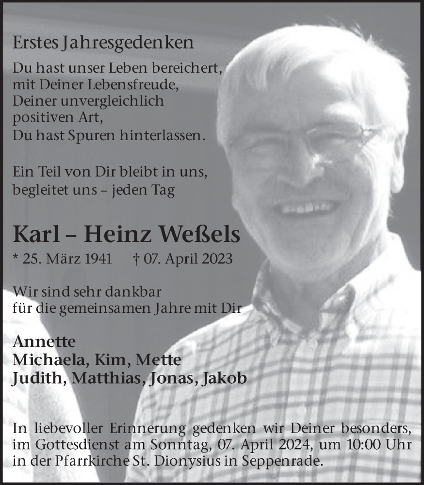  Traueranzeige für Karl-Heinz Weßels vom 30.03.2024 aus Ruhr Nachrichten