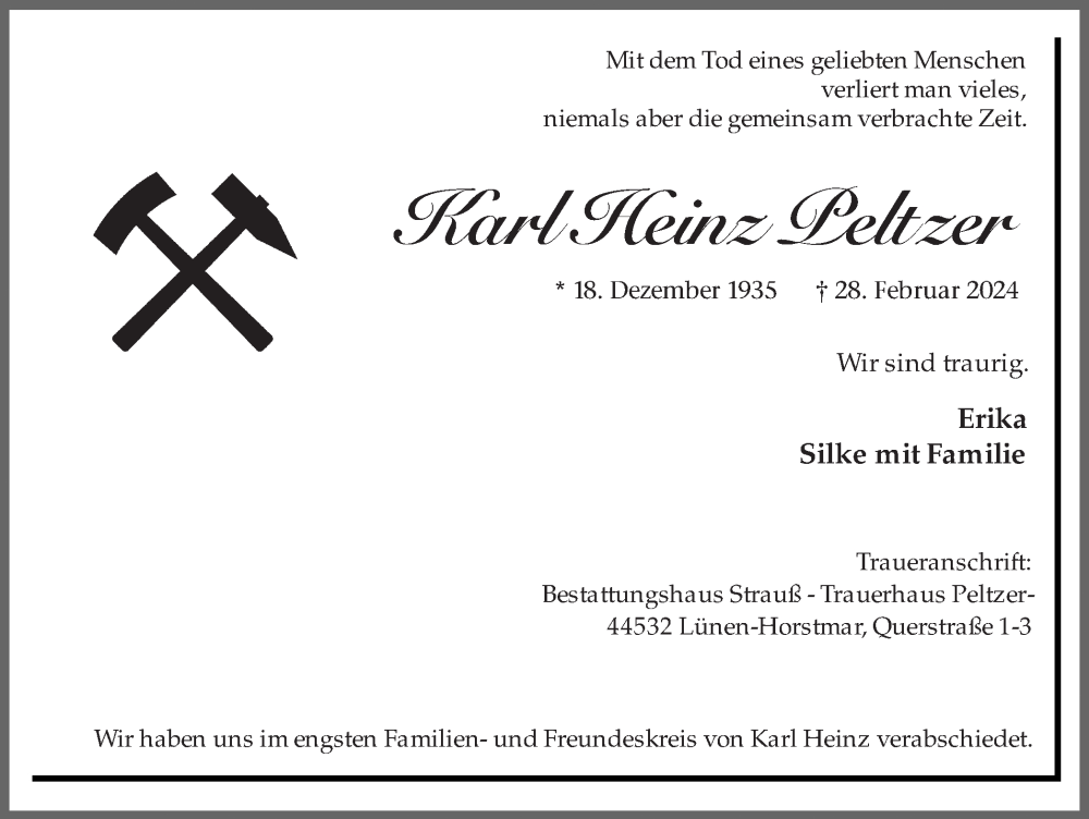 Traueranzeige für Karl Heinz Peltzer vom 09.03.2024 aus 