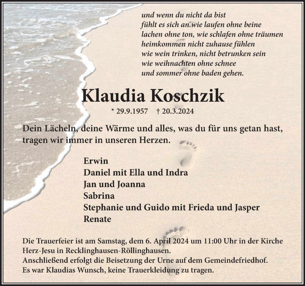  Traueranzeige für Klaudia Koschzik vom 30.03.2024 aus Medienhaus Bauer