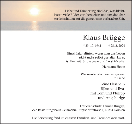 Traueranzeige von Klaus Brügge von Ruhr Nachrichten und Dorstener Zeitung