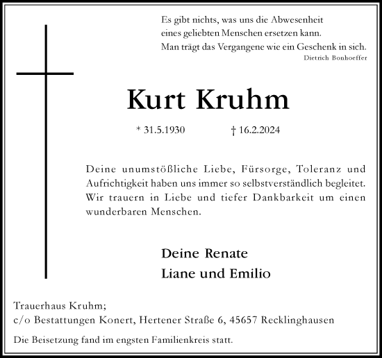 Traueranzeige von Kurt Kruhm von Medienhaus Bauer
