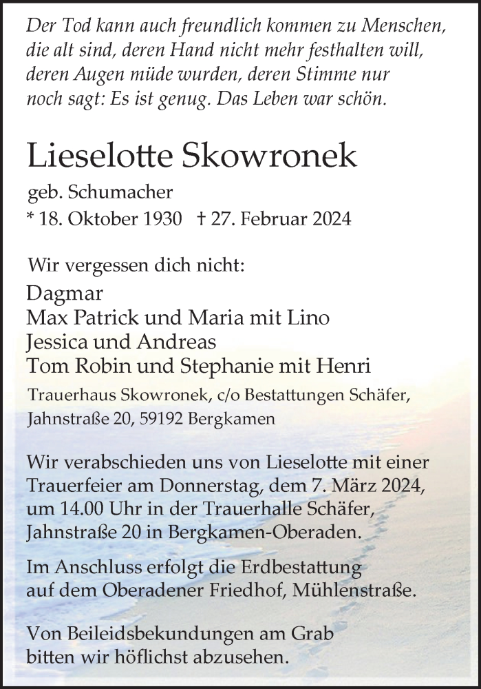  Traueranzeige für Lieselotte Skowronek vom 02.03.2024 aus Hellweger Anzeiger