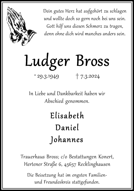 Traueranzeige von Ludger Bross von Medienhaus Bauer