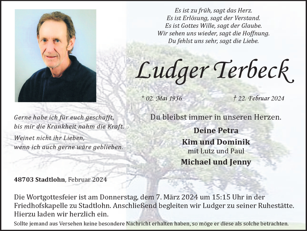  Traueranzeige für Ludger Terbeck vom 02.03.2024 aus Münstersche Zeitung und Münsterland Zeitung