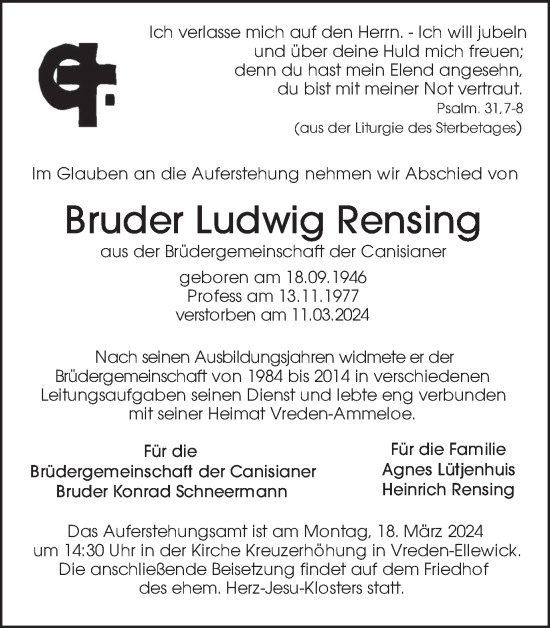 Traueranzeige von Ludwig Rensing von Münsterland Zeitung