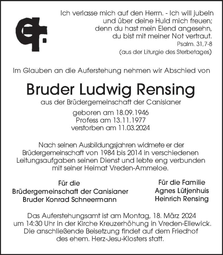  Traueranzeige für Ludwig Rensing vom 15.03.2024 aus Münsterland Zeitung