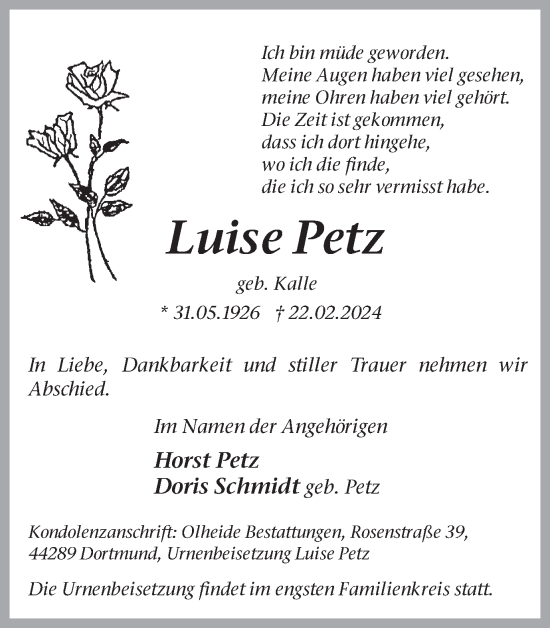 Traueranzeige von Luise Petz 