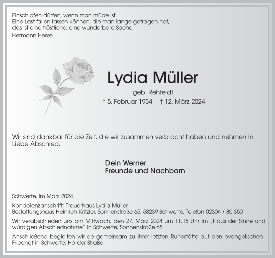 Traueranzeige von Lydia Müller von Ruhr Nachrichten