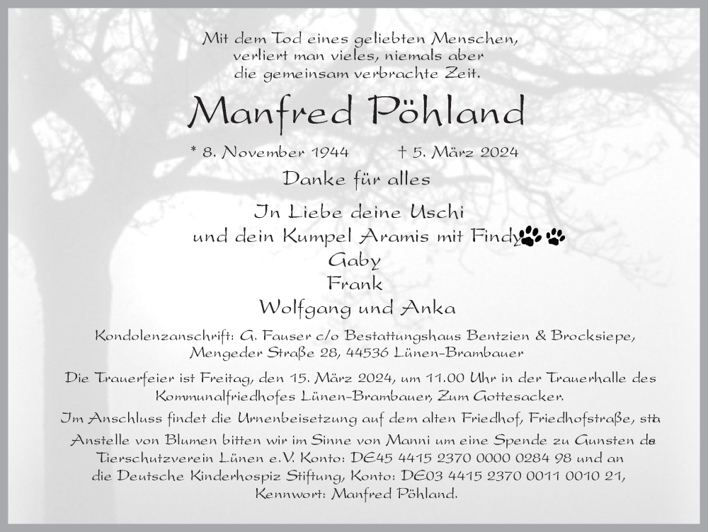  Traueranzeige für Manfred Pöhland vom 09.03.2024 aus Ruhr Nachrichten