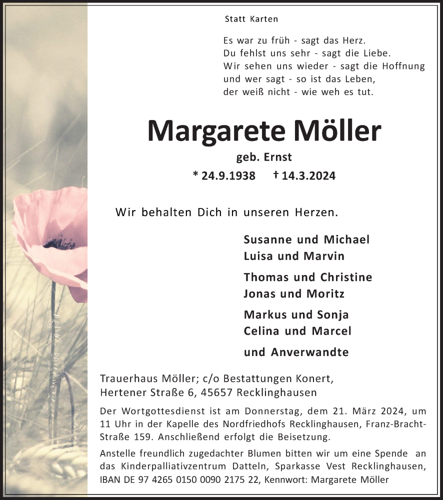  Traueranzeige für Margarete Möller vom 19.03.2024 aus Medienhaus Bauer