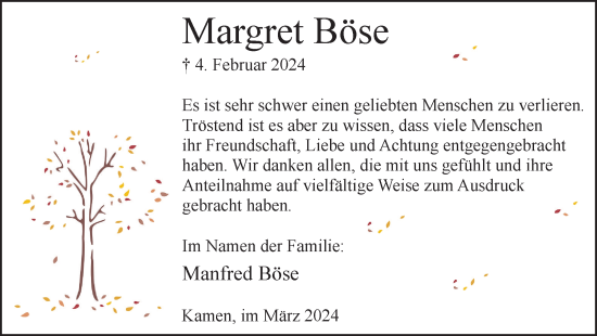 Traueranzeige von Margret Böse von Hellweger Anzeiger