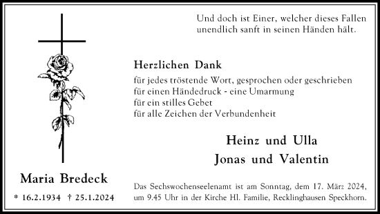 Traueranzeige von Maria Bredeck von Medienhaus Bauer