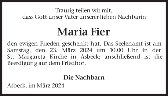 Traueranzeige von Maria Fier von Münsterland Zeitung