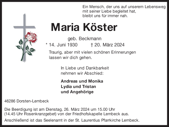 Traueranzeige von Maria Köster von Ruhr Nachrichten und Dorstener Zeitung