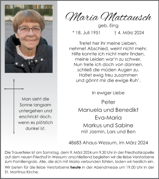 Traueranzeige von Maria Mattausch von Münstersche Zeitung und Münsterland Zeitung