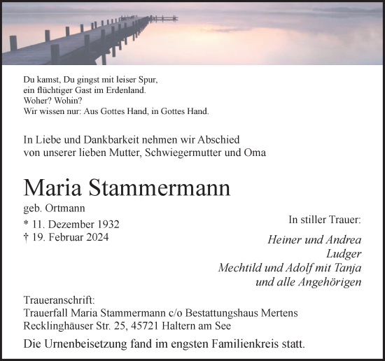 Traueranzeige von Maria Stammermann von Ruhr Nachrichten und Halterner Zeitung
