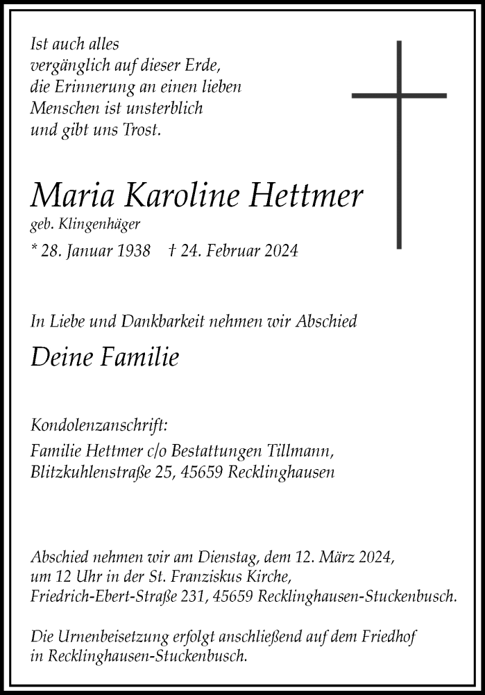  Traueranzeige für Maria Karoline Hettmer vom 09.03.2024 aus Medienhaus Bauer