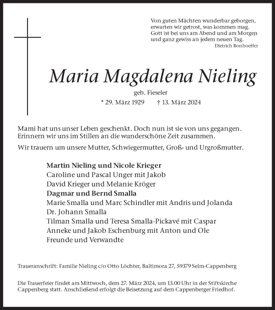 Traueranzeige von Maria Magdalena Nieling von Ruhr Nachrichten