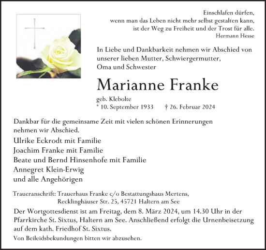 Traueranzeige von Marianne Franke von Ruhr Nachrichten und Halterner Zeitung