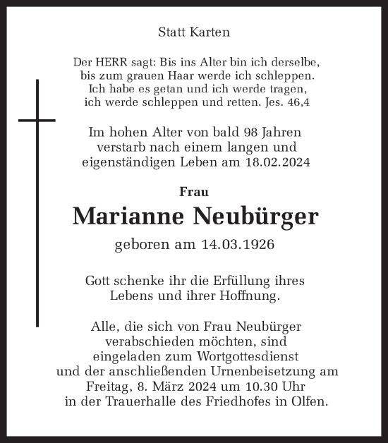 Traueranzeige von Marianne Neubürger von Ruhr Nachrichten