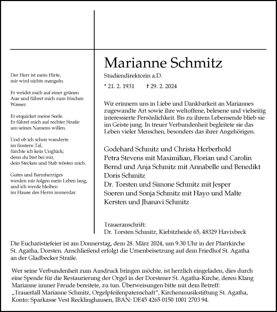 Traueranzeige von Marianne Schmitz von Ruhr Nachrichten und Dorstener Zeitung